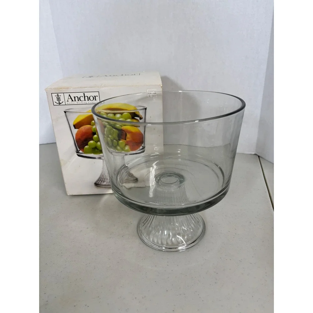 Anchor‎ Hocking 2qt Glass Trifle Bowl Footed Pedestal Clear Ribbed Base